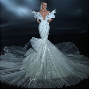 ✨ Lena Berisha Couture Pleated Mermaid Gown Dramatic wedding Dress Showstopper ✨